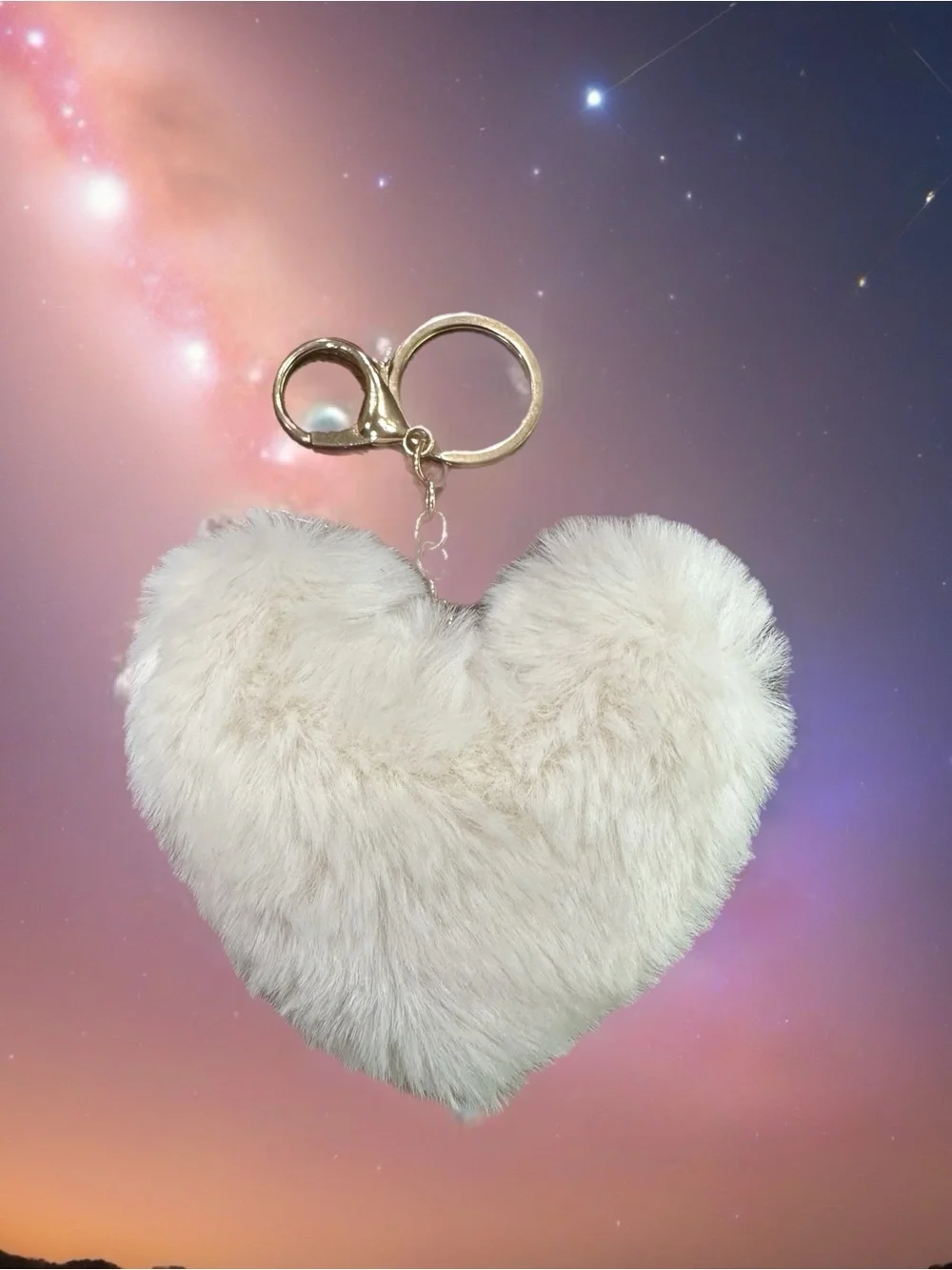 Faux Fur Heart Keychain Charm - Cream